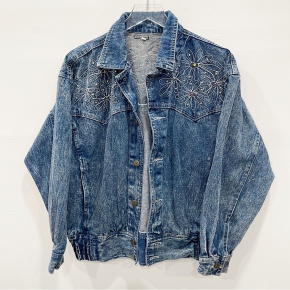 Vintage Jackets & Blazers - Kongloon Vintage 80’s Denim Jacket Embroidered Beaded Large Acid Wash
